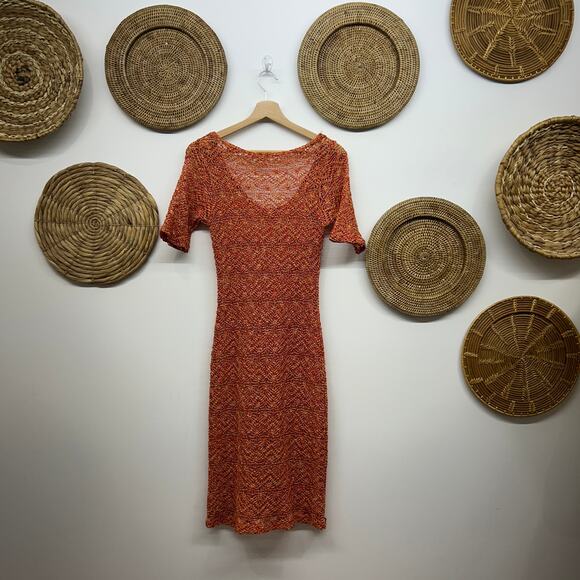 Vintage Y2K 2000s Ms J Red Yellow Crochet Knit Midi Dress Boho Medium Coverup - Picture 3 of 7